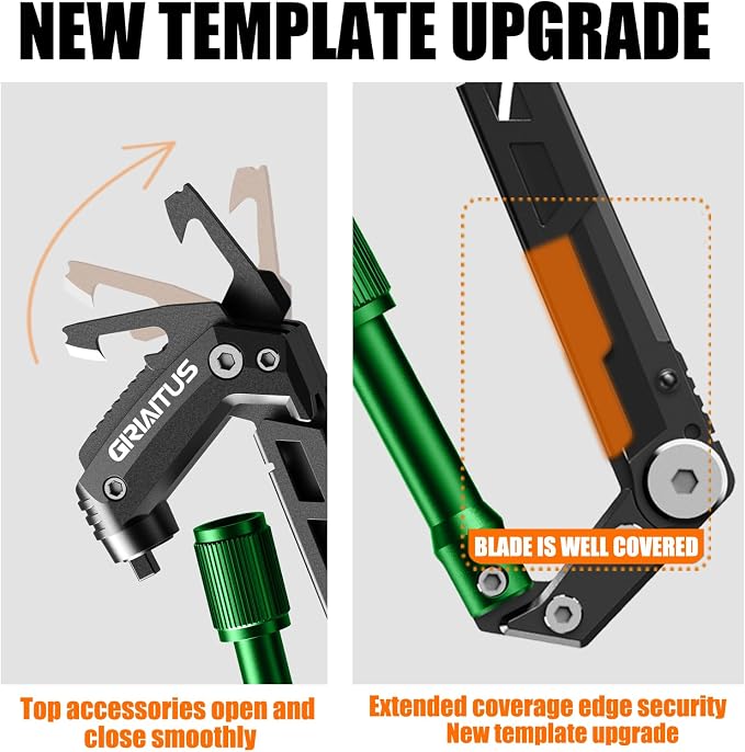 Carabiner Multitool with Pocket Knives, EDC Carabiners for Camping Hiking | Serrated Knife, Rope Cutter, Screwdriver, Can Bottle Opener, Ruler, Folding Knife, Gifts for Men (Green)