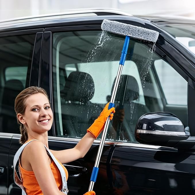 10 Feet Professional Squeegee Window Cleaner Tool with Extension Pole | Car Windshield Cleaning Kit with Long Handle, Queegee & Scrubber, Window Washing Equipment for Indoor Outdoor Windows & Glass