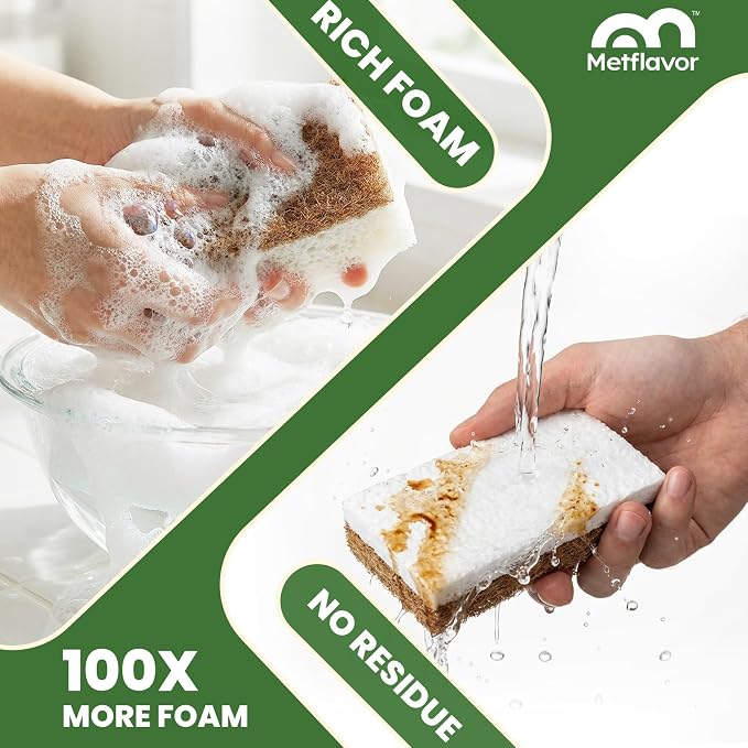 Metflavor Kitchen Sponges, 12 Count, Natural Non-Scratch Cellulose Sponge with Coconut Scrubber for Dishes, Biodegradable & Compostable, Non Toxic Cleaning Sponges for Kitchen, Bathroom, Household