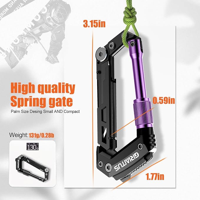 Carabiner Multitool with Pocket Knives, EDC Carabiners Gift for Camping Men | Serrated Knife, Rope Cutter, Screwdriver, Can Bottle Opener, Ruler, Folding Knife for Hiking, (Purple)