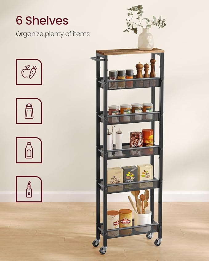VASAGLE Slim Storage Cart, 6-Tier Rolling Utility Cart, Skinny Shelf for Kitchen Pantry, Narrow Bathroom Organizer, 17.9 x 5.9 x 51.7 inch, Rustic Brown and Matte Black, Dacey Collection ULRC038K101