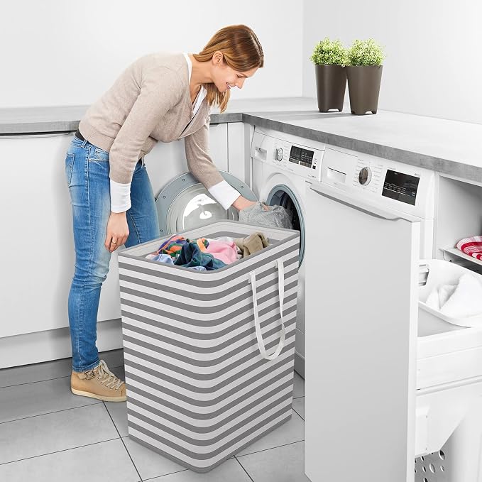StorageRight Laundry Basket Hamper, 100L Clothes Storage, Striped Grey | Freestanding Clothes Hampers, Foldable design, with Easy Carry Handles, For Laundry, Bedroom, Dorm, Clothing, Towels, Toys