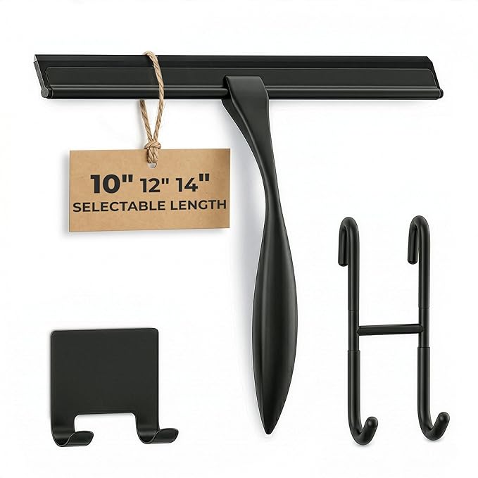 Shower Door Squeegee with Hook - 10" Silicone Blade, Stainless Steel Black Squeegee for Shower Glass with Adhesive Mount - All-Purpose Bathroom Tile, Mirror, & Window Wiper for Streak-Free Cleaning
