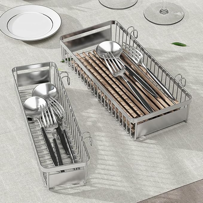Sturdy 304 Stainless Steel Utensil Drying Rack Basket, Utensil Drying Rack, Basket Holder with Hooks, Rust Proof, No Drilling