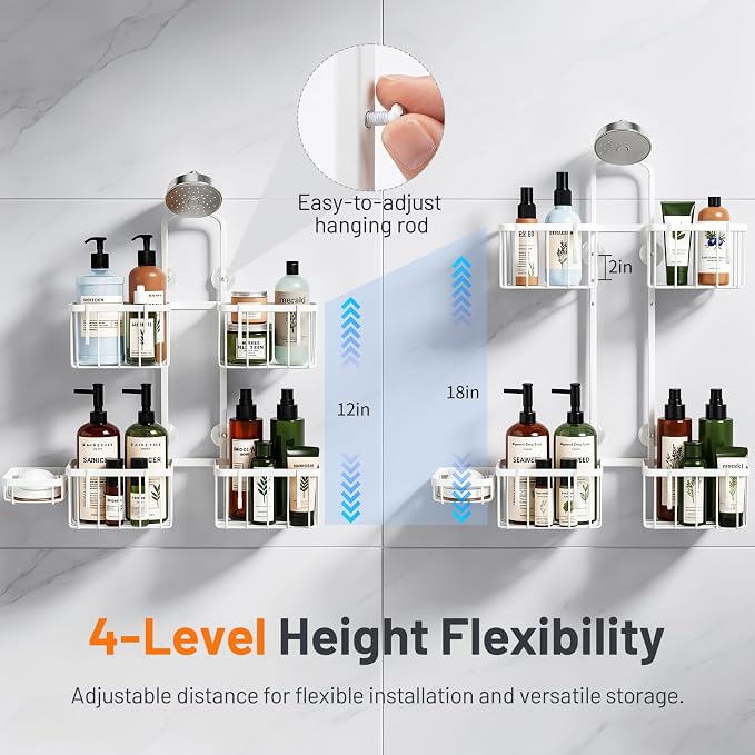Luxspire Shower Caddy Hanging for Handheld Shower Heads,Rustproof Adjustable Shower Rack Hanger,Stainless Steel Bathroom Shower Organizer and Storage for Shampoo with Hook Soap Toothbrush Holder,White