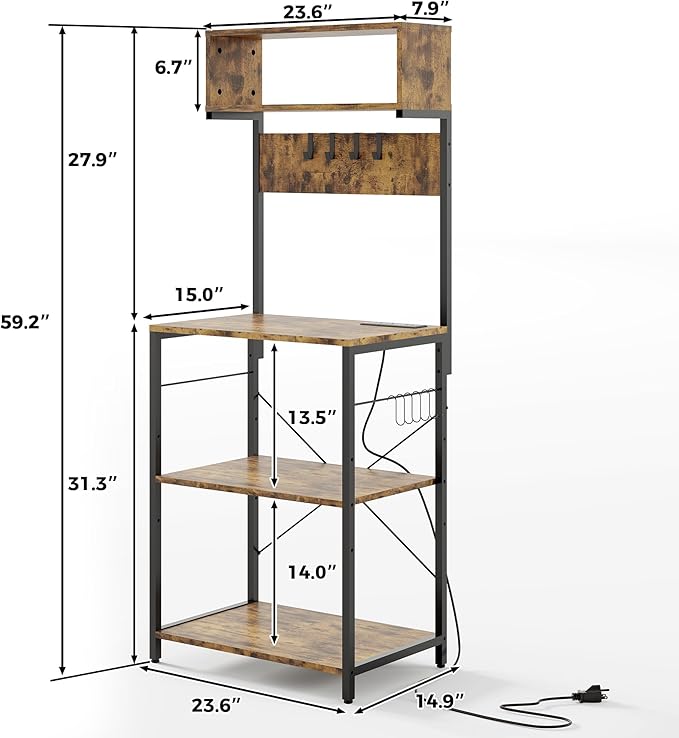 Baker's Rack for Kitchen with Outlet, Microwave Stand with Adjustable Shelves and 10 s Hooks, 6-Tier Coffee Bar Station with Storage, Kitchen Shelves for Spices, Pots