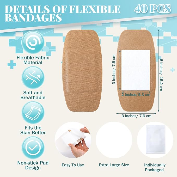 Geiserailie 40 Pcs Extra Large Flexible Adhesive Bandages 6"x3" Fabric Bandages with Non-Stick Pad Latex Free Painless Removal for Wound Care and First Aid