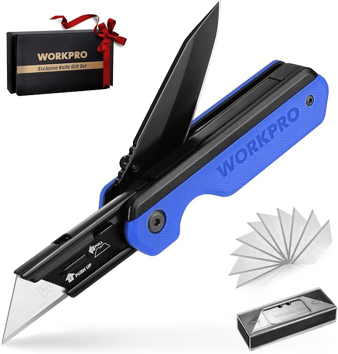 WORKPRO 2-in-1 Folding Knife/Utility Knife, Wood Handle, Blue G10 Handle | Quick-Change Box Cutter, Liner Lock, Belt Clip, 10 SK5 Blades, Carton Cutting, Camping, Hiking, Outdoor, DIY Projects