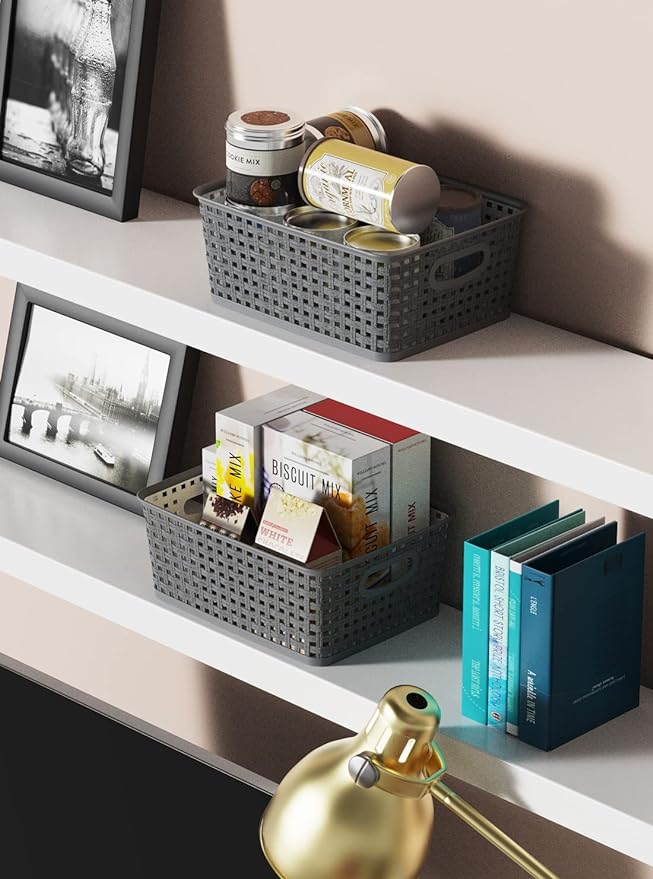 WYT 12-Pack Plastic Small Shelf Storage Weave Baskets for Organizing, Grey