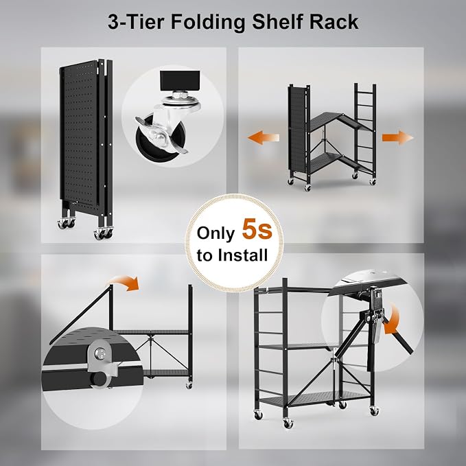 Himix Storage Shelves with 6 Hooks, 3 Tier Foldable Shelf with Wheels, Metal Storage Shelving Unit Rolling Cart, Utility Shelf Rack Organization Shelves for Pantry, Kitchen, Black - No Assembly