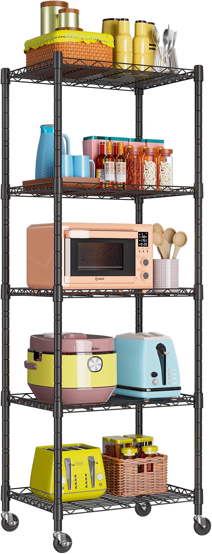 REGILLER 5-Wire Shelving Metal Storage Rack Adjustable Shelves,Standing Storage Shelf Units for Laundry Bathroom Kitchen Pantry Closet(Black,11.8" D x 16.6" W x 53.5" H,With Wheels)