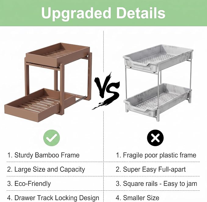 Bamboo Under Sink Organizer and Storage, 2 Pack Pull Out Cabinet Organization, 2 Tier Vertical Slide Out Undersink Storage Shelf, Multi-Purpose Organizer Shelves for Kitchen Bathroom Medicine