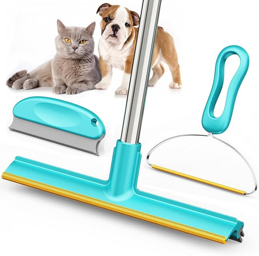 Carpet Rake for Pet Hair Removal (3 Pack), Fur Remover Broom, Long Handle | Remove Stubborn Pet Hair, Multi-Fabric Safe, Stainless Steel Handle, for Couch, Carpets, Cat Trees, Mats, Furniture, Pet Bed
