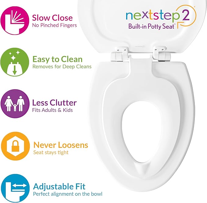 Mayfair NextStep2 Toilet Seat with Built-In Potty Training Seat, Slow-Close, Removable that will Never Loosen, Round, White