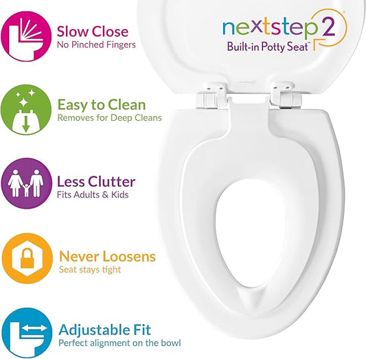Mayfair NextStep2 Toilet Seat with Built-In Potty Training Seat, Slow-Close, Removable that will Never Loosen, Round, White