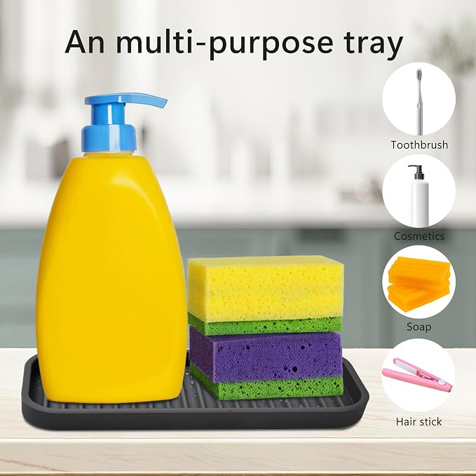 Mofason Silicone Sponge Holder for Kitchen Sink - Soap Tray 2 Pack Black | Dish caddy, soap dispenser, scrubber spoon holder, dishwashing accessories; travel sink organizer tray for kitchen counter