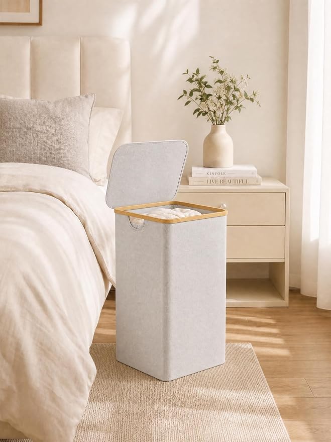 IEGrow Laundry Hamper with Lid,110L Laundry Basket with Bag,Light Grey | Dirty Clothes Hamper Basket with Bamboo Handle for Clothes Towels Organization