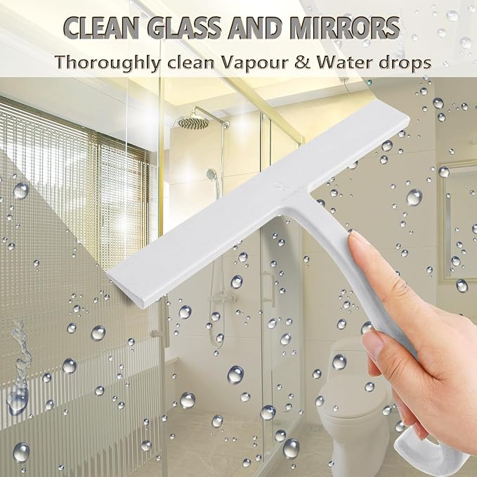 Shower Squeegee for Glass Doors – 10" Silicone Squeegee with Built-in Hook, One-Piece Seamless Design, Streak-Free & No-Scratch Window Cleaner for Bathroom, Mirrors & Tiles (White)