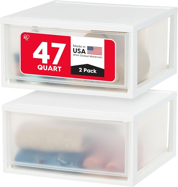 IRIS USA 2-Pack, 47 Qt. Extra Large Stacking Drawer with Clear Door, White | Store shoes, clothing, linens, pantry items, and household essentials with organized storage for everyday needs