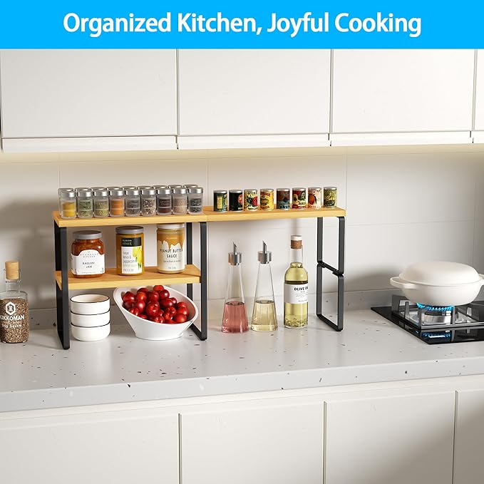 Golener Kitchen Counter Organizer, Countertop Shelf, Adjustable, Stackable | Kitchen Countertop Organizer, Spice Rack, 2-Tier Countertop Shelves, Corner Desk Shelf, Corner Counter Shelf, Bamboo