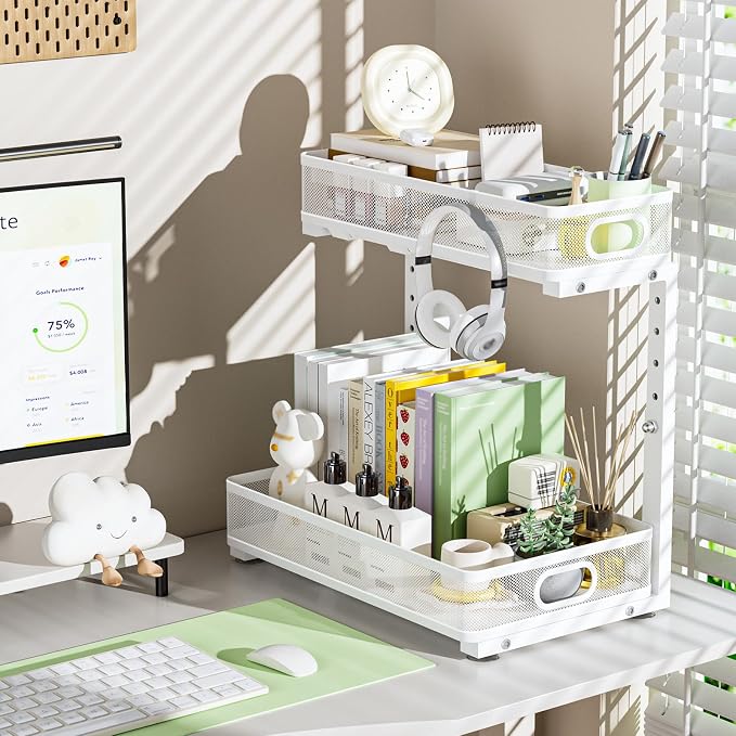 Under Sink Organizer 2 Pack, High Adjustable 2 Tier Under Sink Organizers and Storage, Slide out Metal Cabinet Organizers, Pull out Storage Drawer Shelf for Kitchen Bathroom Cabinet (White)