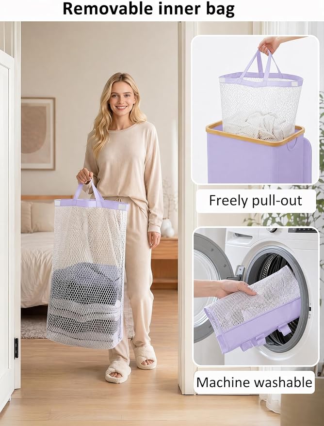 IEGrow Laundry Hamper with Lid,110L Laundry Basket with Mesh Bag,Purple | Dirty Clothes Hamper Basket with Bamboo Handle for Clothes Towels Organization