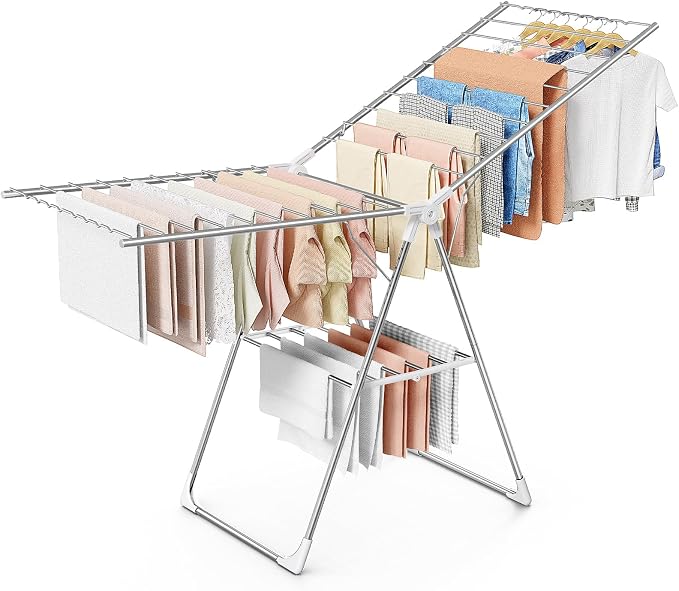 Sakugi Clothes Drying Rack, 69.5" Adjustable Wings, Foldable Design | Laundry Room, Bedroom, Outdoor & Indoor Use, Height Adjustable, Collapsible, Silver White, 69.5" L × 22.8" W