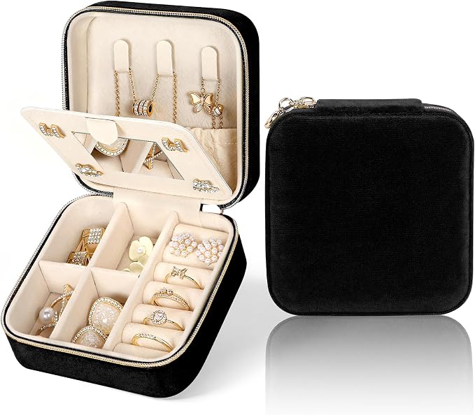 MFXIP Plush Velvet Travel Jewelry Case Small Jewelry Box Jewelry Organizer Storage Case Portable Jewelry Travel Case for Girls Womens Earring, Necklace, Rings,Bracelets with Mirror