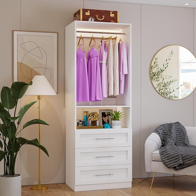 Closet System with 3 Drawers, 2FT-5FT Closet Organizer System with Shelf, Freestanding Walk-in Modular Closet System, Small Wood Closet Drawer System, White, Single Unit