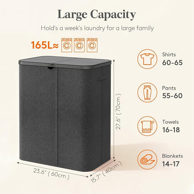 Lifewit 165L 3 Section Laundry Hamper with Lid, Large Laundry Basket with Handles and Removable Bags, Tall Clothes Hamper, Foldable Laundry Sorter for Bedroom Bathroom, Dark Gray