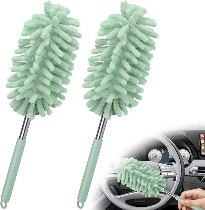 2 PCS Car Interior Duster with Extension Pole, Dusters for Cleaning | Microfiber Car Dusters with Bendable Head, Duster Interior & Exterior Scratch Free for Vehicle, Offices, Window (Light Green)