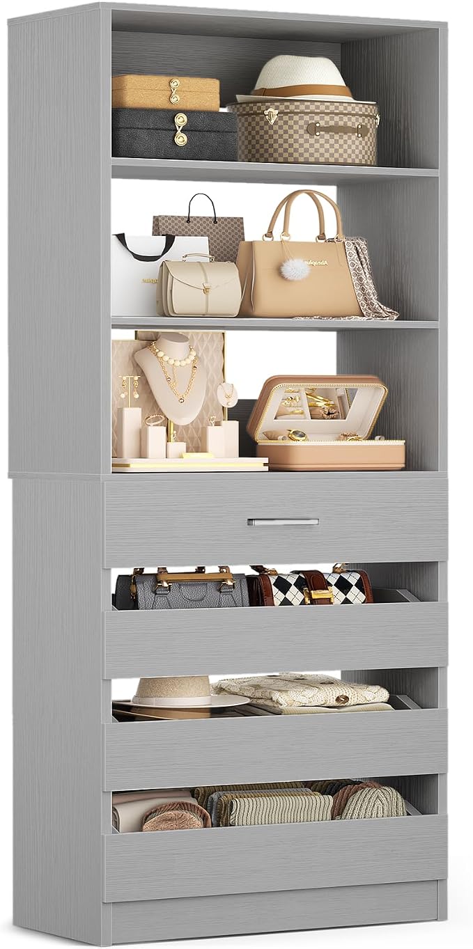 Aheaplus 21.3" Closet System with 4 Drawers, Wood Closet Organizer with Open Shelves, Modular Drawers System Tower, Walk-in Closet Small Wardrobe Rack, Tall Storage Cabinet Unit, Grey1