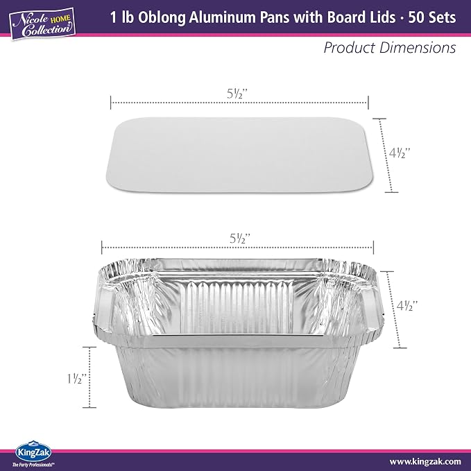 Nicole Home Collection Aluminum Pans with Lids - 50 Count - 1LB Oblong Pans (5"x4")- To Go Containers with Lids - Disposable Tin Foil Pans - Perfect for Catering, Meal Prep, Baking, Freezer Safe
