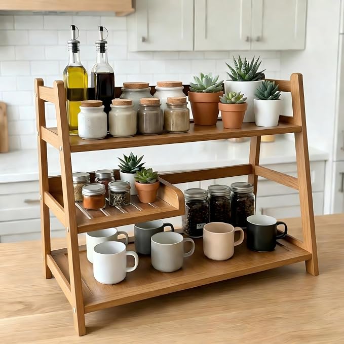 3 Tier Bamboo Matcha Station, coffee station organizer Shelf | for Kitchen Countertop, Tea Bar - Matcha Powder, Tools & Cup Organizer for Matcha Lovers, Home Baristas.