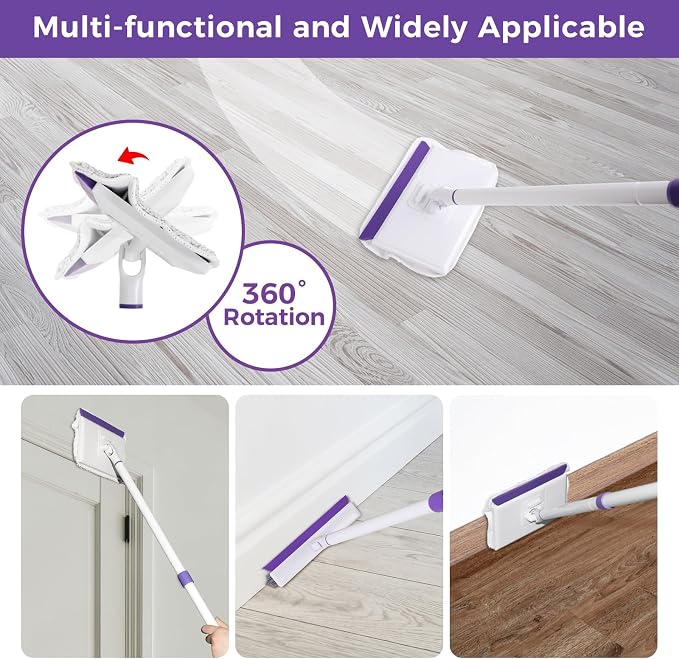 Baseboard Cleaner Tool with 60" Extendable Handle, 5 Reusable Pads | Microfiber & Chenille Pads, Dust-Locking Design, Safe On Walls And Moldings, Reaches Corners And Under Furniture