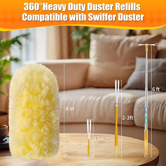 30 Count 360° Heavy Duty Duster Refills, Compatible with Swiffer Duster, Includes 1 Short Handle & 1 3 ft Extendable Handle, 4X Microfiber Cleaning Dusters, Disposable Unscented