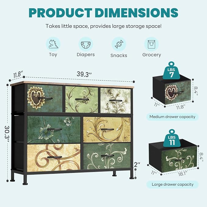 OLIXIS 7 Drawer Closet Organizer, Storage Tower with Sturdy Steel Frame | Dresser for Bedroom, Wooden Top & Easy Pull Fabric Bins, Clothes Organization, Living Room Entryway, Floral