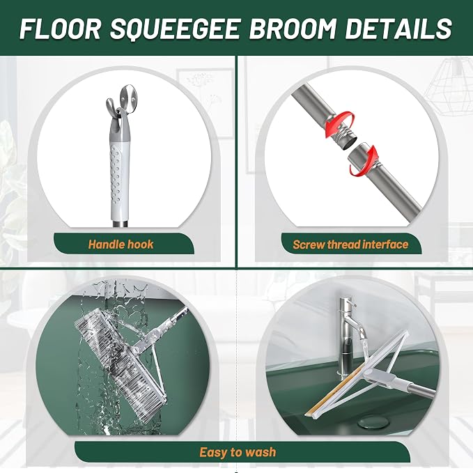 KOLLIEE 2 in 1 Floor Squeegee Broom Set Window Long Handle Rubber Squeegee Brush Mop Kit with Adjustable Handle 120° Rotating Angle Head for Wet Room Hard Floor Outdoor