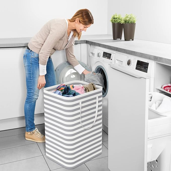 StorageRight Laundry Basket Hamper, 75L Clothes Storage, Striped Grey | Freestanding Clothes Hampers, Foldable design, with Easy Carry Handles, For Laundry, Bedroom, Dorm, Clothing, Towels, Toys