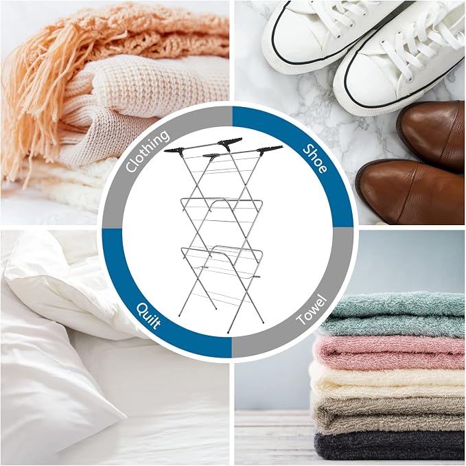 3 Tier Clothes Airer Drying Indoor and Outdoor, Laundry Rack with Non-Slip Feet and Corner Spaces for Hangers, Flat Foldable for Space Saving Washing Line, 20m Drying Space
