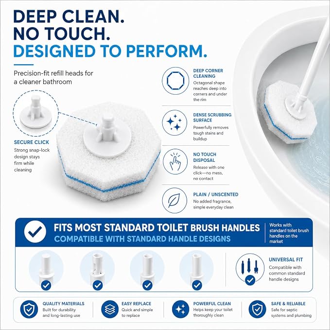 Toilet Wand Refills 60 Count – Disposable Toilet Bowl Cleaner Brush Heads, Fits Most Standard Toilet Wand Handles, No-Touch Replacement Sponge Pads, Hygienic Toilet Cleaning Heads
