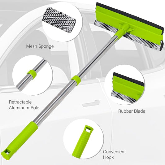 Window Squeegee with 15-24" Long Handle, 2-in-1 Squeegee Cleaner Tool, Retractable Stainless Steel Handle for Car Windshield, Shower Glass, Glass Doors, Outdoor Windows, High Windows