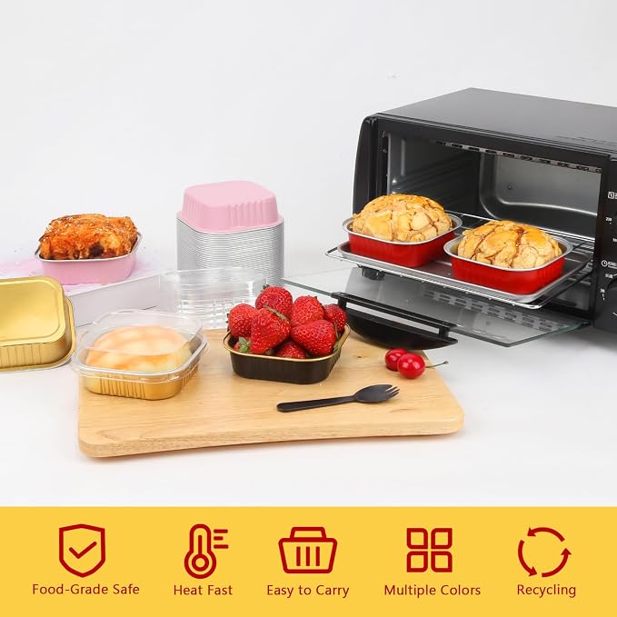 LNYZQUS 7.5oz Cupcake Mini Cake Pans With Lids 40 Pack, Aluminum Cupcake Liners Brownie Baking Pans,Square 4”x4” Disposable Ramekins Creme Brulee Cups,Jumbo Muffin Tin Holders-Black In Gold