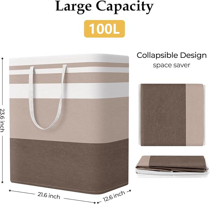 StorageRight Laundry Basket Hamper, 100L Collapsible Clothes Storage, Khaki | Freestanding Clothes Hampers, Foldable design, with Easy Carry Handles, For Laundry, Bedroom, Dorm, Clothing, Towels, Toys