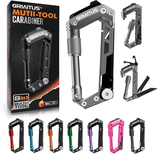 Carabiner Multitool with Pocket Knives, 8-in-1 EDC Carabiners, Gift for Men | Serrated Knife, Rope Cutter, Screwdriver, Can Bottle Opener, Ruler, Folding Knife for Camping Hiking, (Grey)