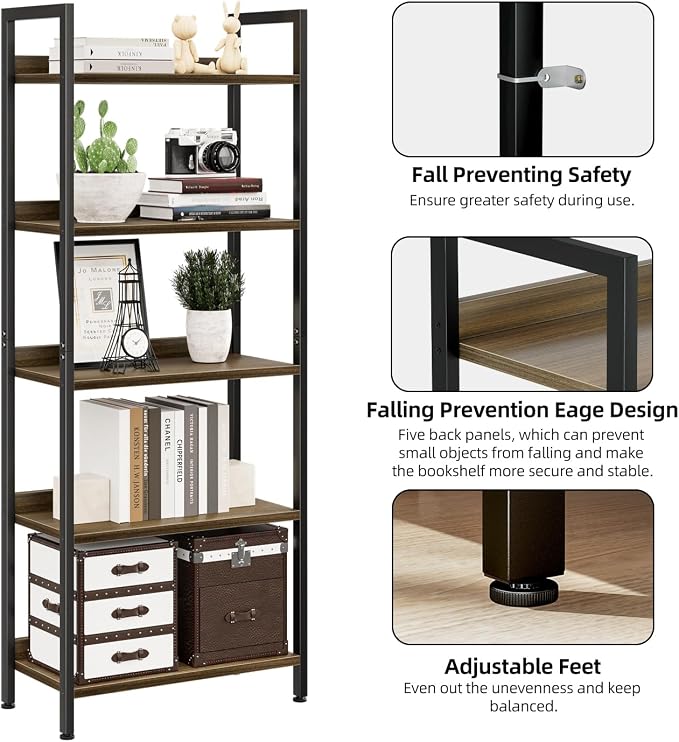 NUMENN Bookshelf, 5 Tier Freestanding Shelving Unit, Dark Walnut | Metal Frame & Wood Shelves, Falling Prevention Baffle, Open Storage Bookcase for Bedroom, Living Room & Home Office