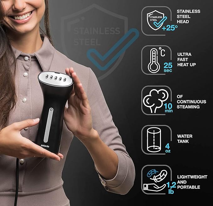 Polardo Travel Garment Steamer - Compact Portable Handheld Clothes Steamer with 360° Anti-Spill Technology, Professional Wrinkle Remover for Travel & Home, Black