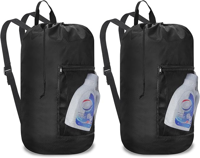 Laundry Bag Backpack Durable Laundry Bag with Shoulder Straps and Mesh Pockets Portable Laundry Hamper Dirty Clothes Bag for College, Travel, Laundromat, Apartment (Black)
