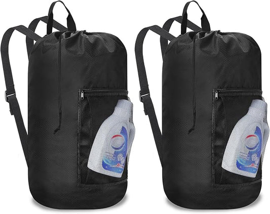 Laundry Bag Backpack Durable Laundry Bag with Shoulder Straps and Mesh Pockets Portable Laundry Hamper Dirty Clothes Bag for College, Travel, Laundromat, Apartment (Black)