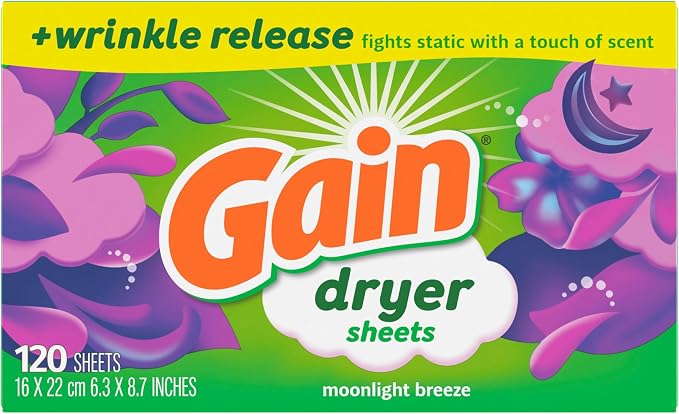 Gain dryer sheets Plus Wrinkle Release, Moonlight Breeze Scent, 120 Count, Fights static with a touch of scent, laundry sheets